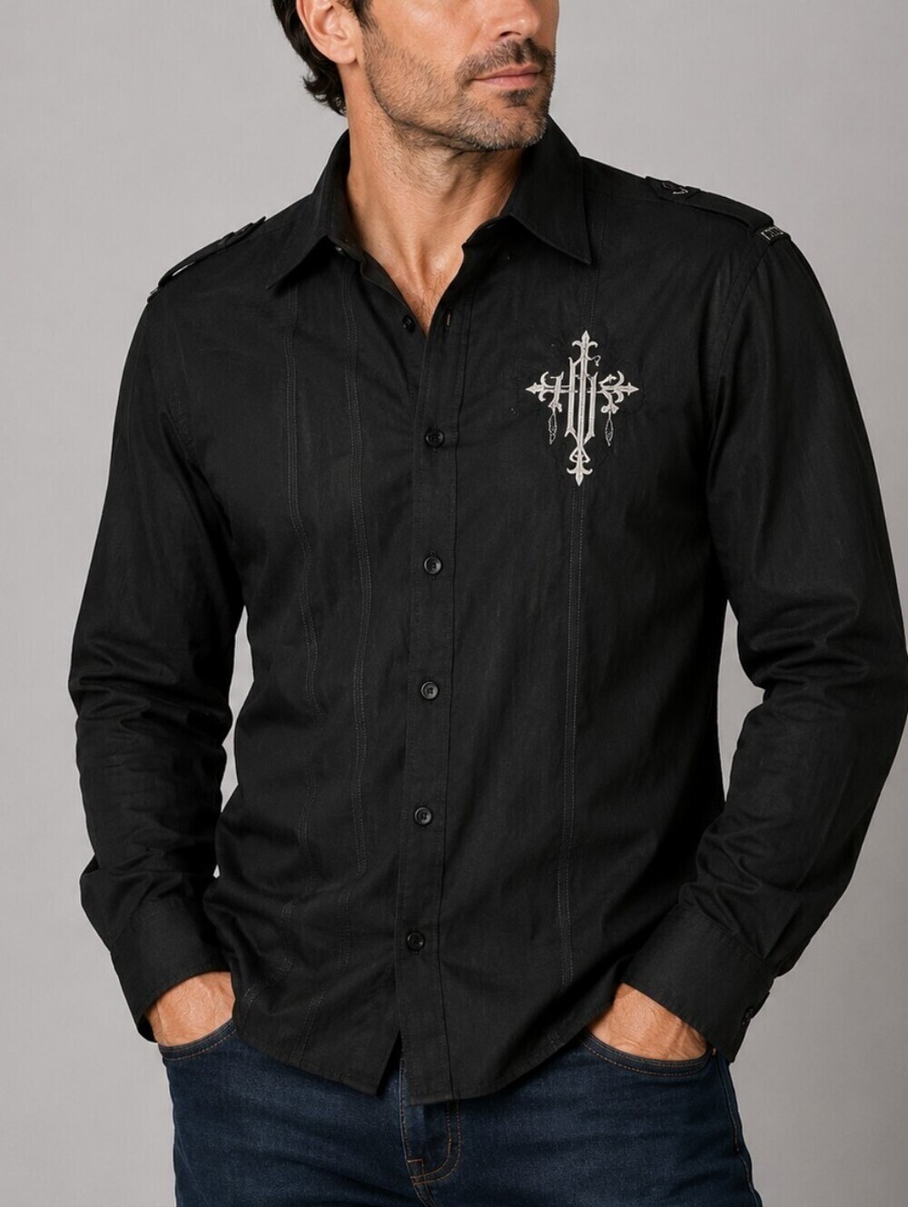 ROAR Black Tribal Sword Ares Button Down Goth Shirt Large